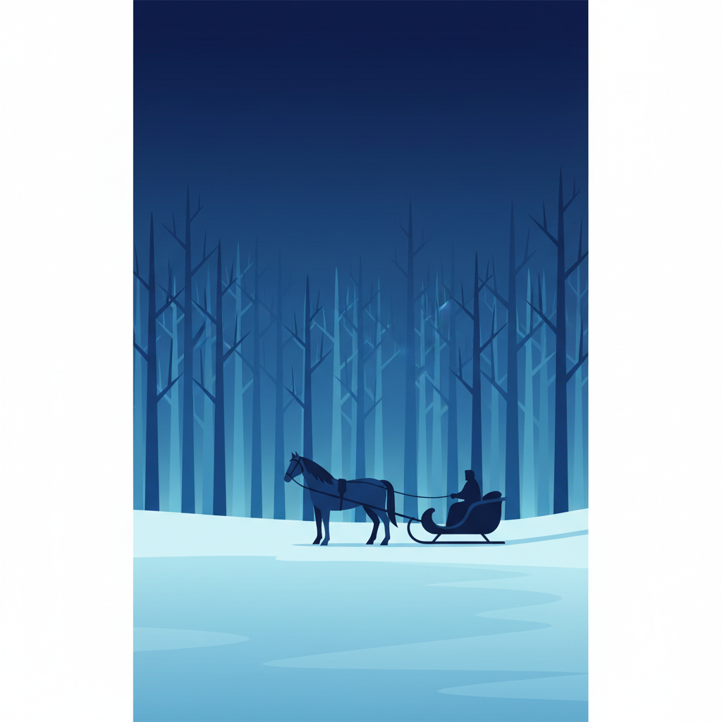 Minimalist illustration of a horse drawn sleigh stopping near a frozen lake and woods, winter evening, blue tones