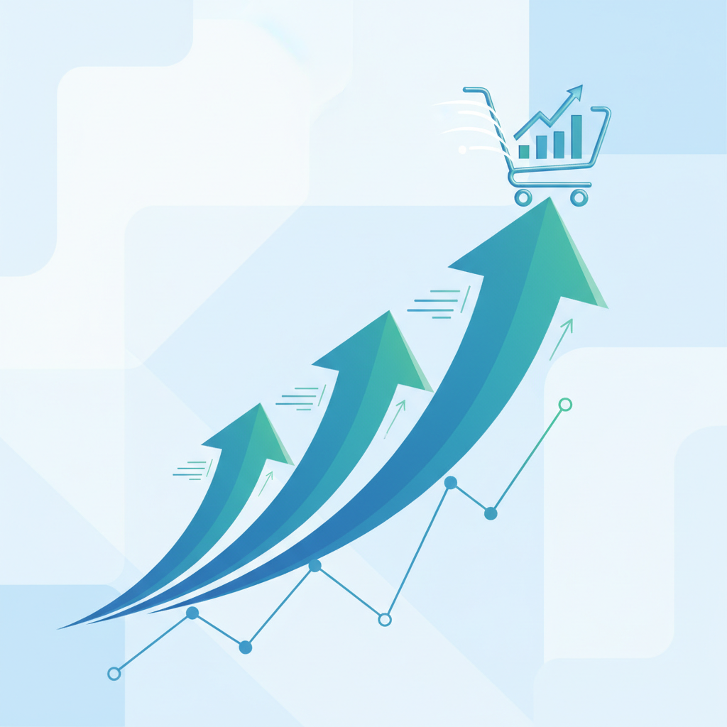 Graphical representation of upward trend arrows and digital shopping cart, business growth concept, vector style