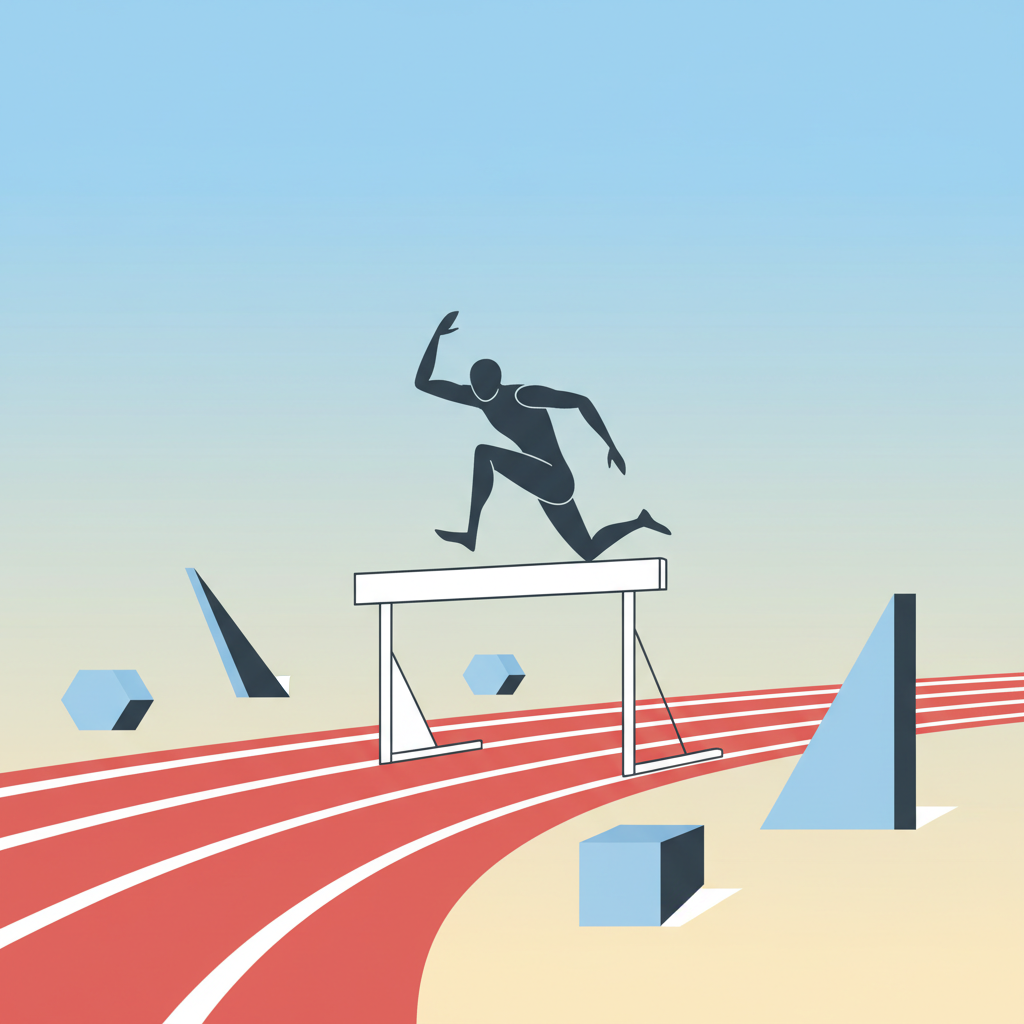 illustration of a runner jumping over a hurdle on a track, overcoming obstacles, minimalist style