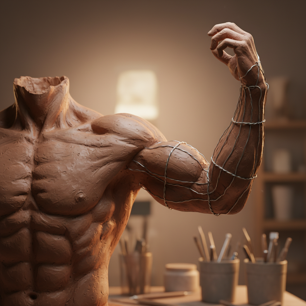 A close up photo of an unfinished clay sculpture of a muscular human arm, part of the clay is missing revealing the wire armature skeleton underneath, warm studio lighting, depth of field
