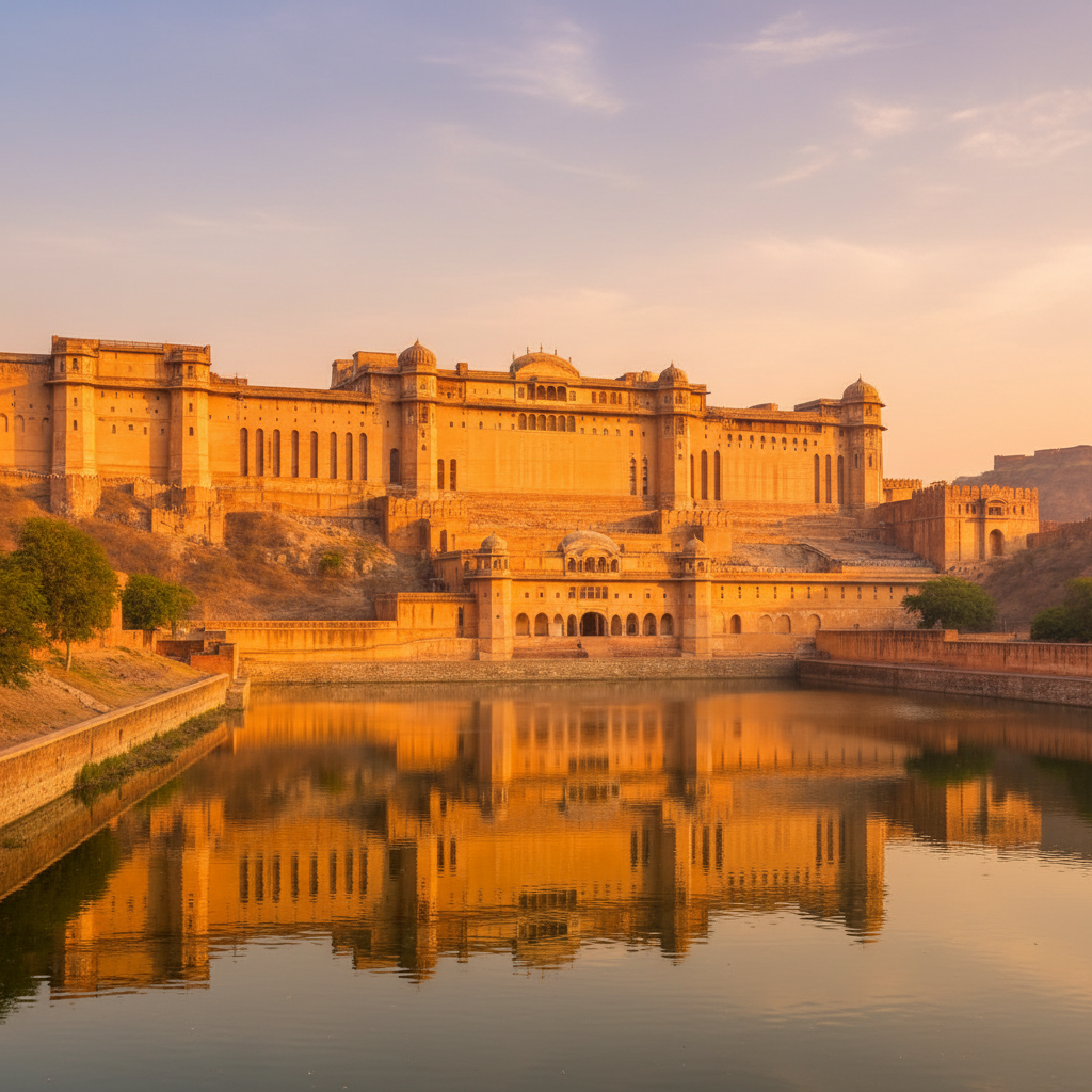 Wide angle view of the Amber Fort in Jaipur bathed in golden hour sunlight, majestic sandstone walls, intricate Rajasthani architecture