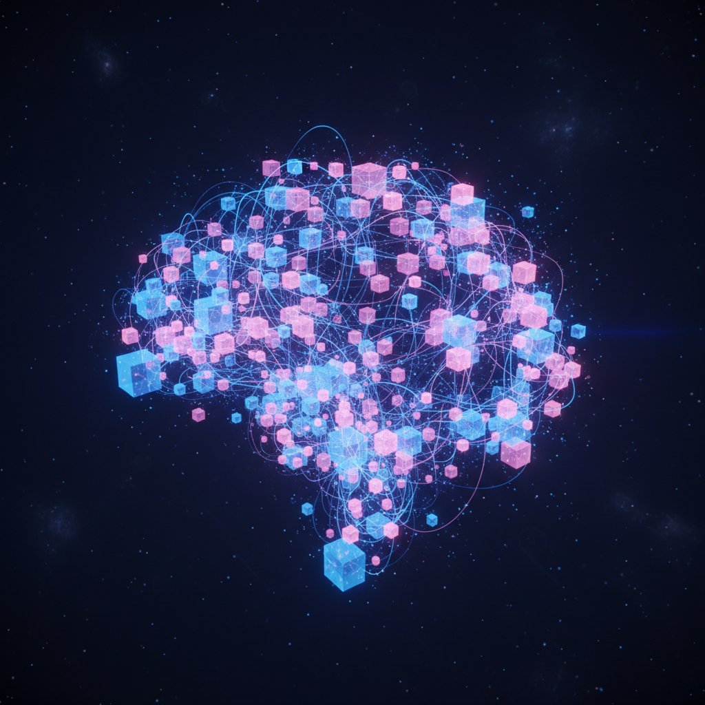 interconnected network of floating glowing cubes, connected by lines of light, representing relational data structure, blue and pink palette