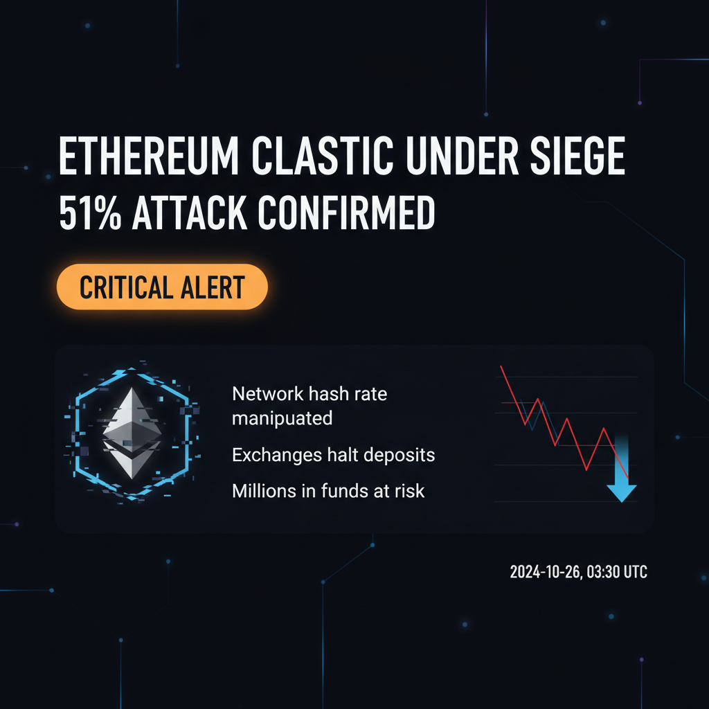 Stylized newspaper headline or digital news alert layout about Ethereum Classic 51% attack, dark mode style