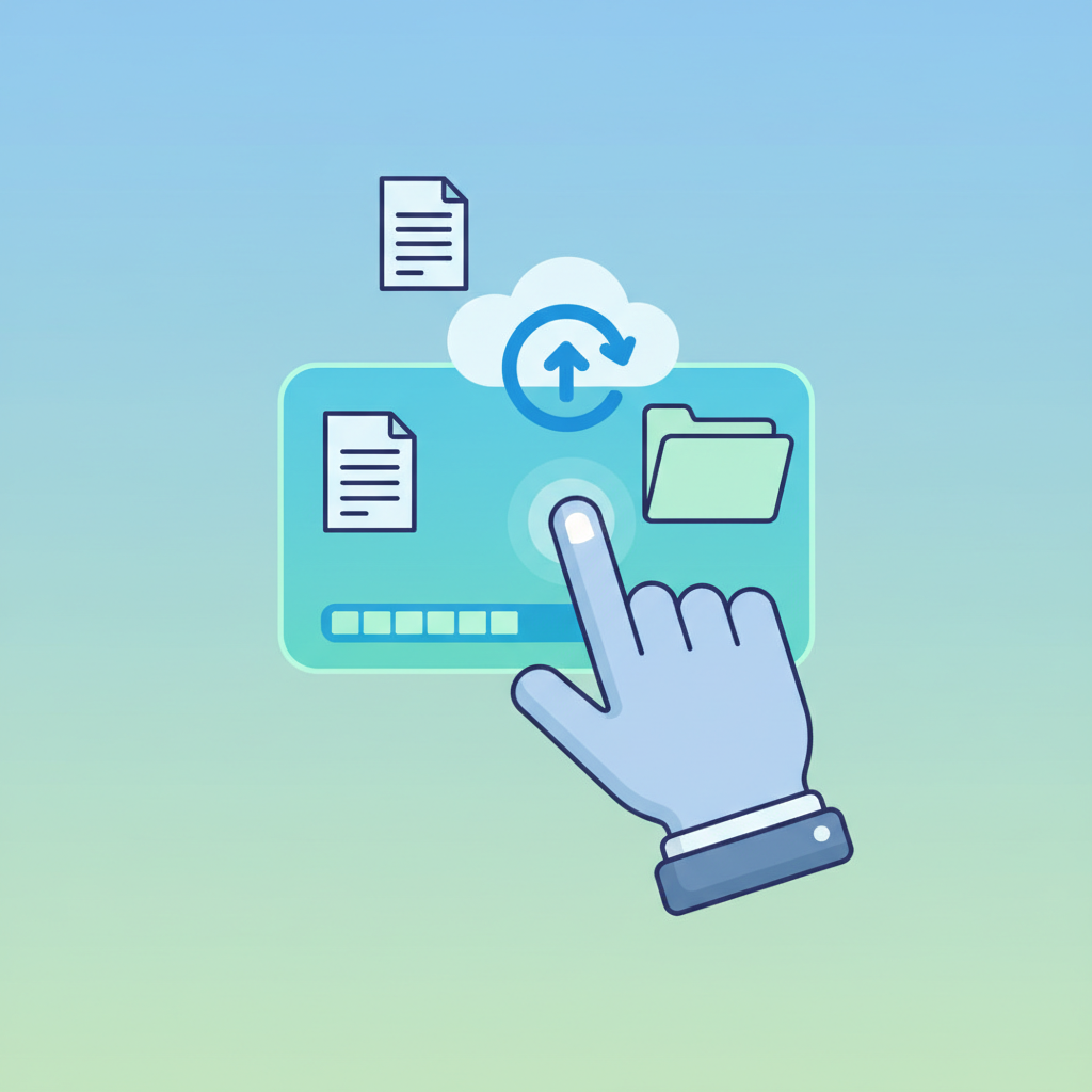 Iconographic illustration of uploading documents, a hand interacting with a digital touch interface for file upload, modern flat style