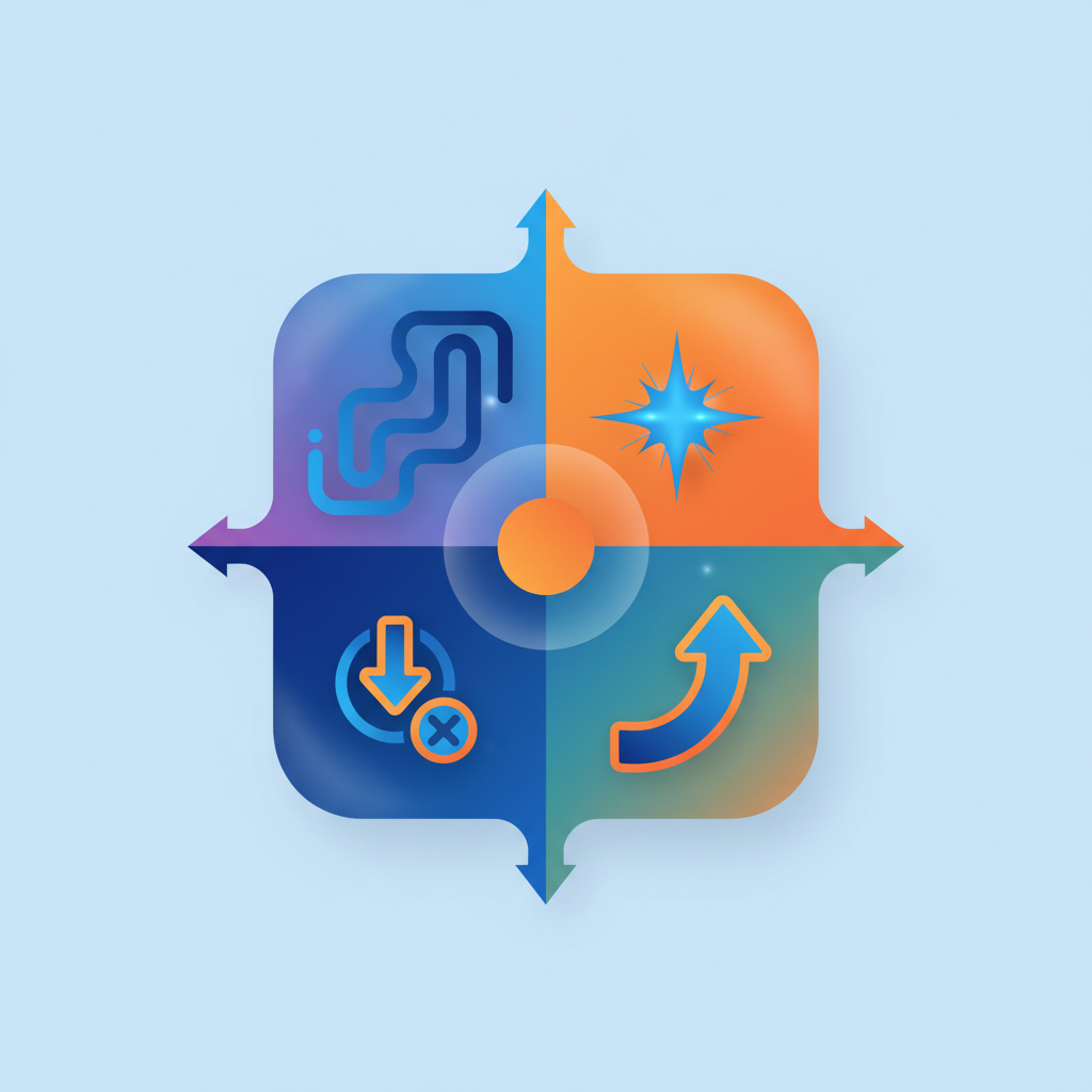 2x2 matrix diagram. Axes are Skill and Luck. Four quadrants: 'Trap', 'Best Position', 'Avoid', 'Potential'. Orange and blue colors scheme. Clean infographics.