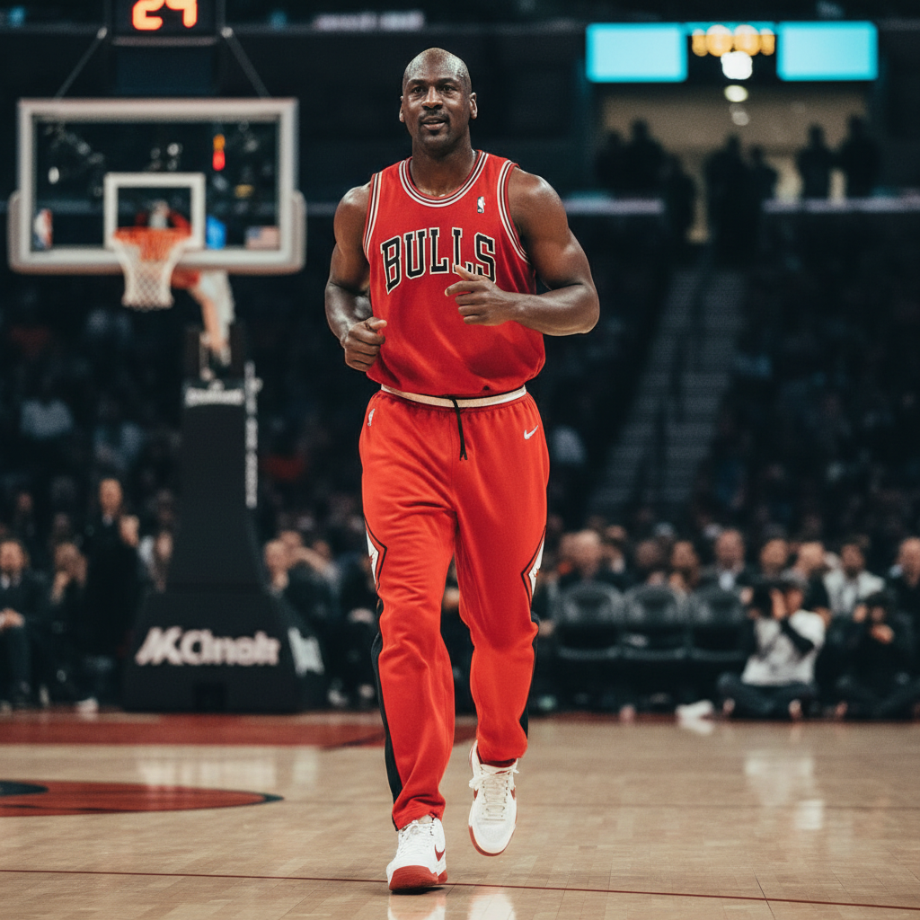 Michael Jordan lightly jogging during warm-ups, looking fit