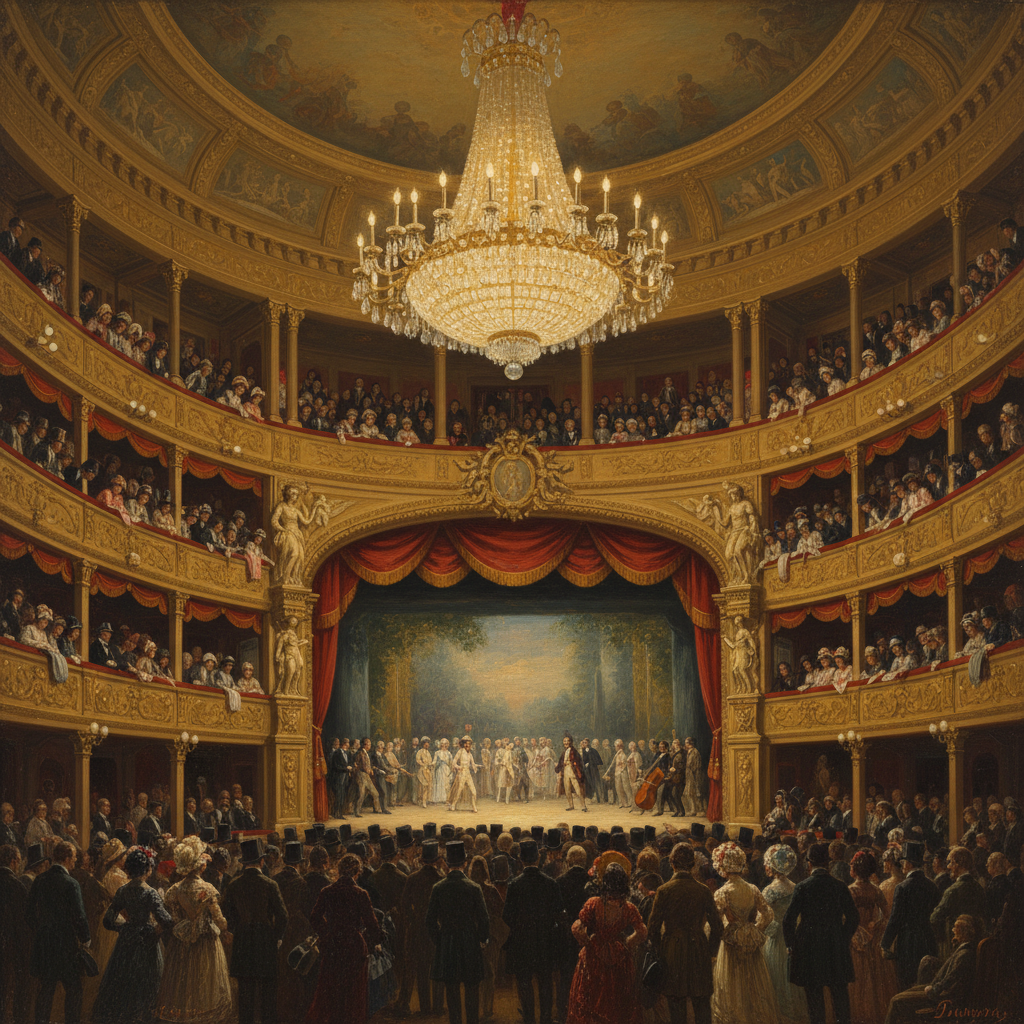 Interior of 19th century Theatre Royal Drury Lane, huge chandelier, tiered balconies filled with people, grand stage, oil painting style