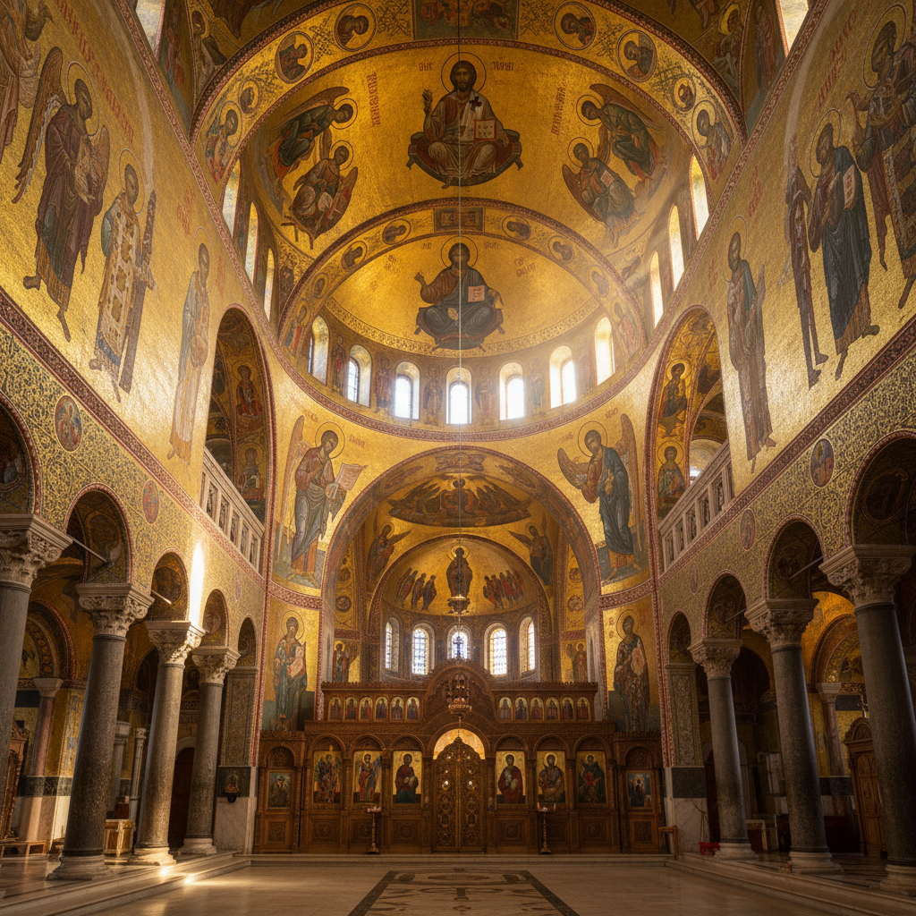 Interior of a Byzantine church, golden mosaics on walls, divine light streaming through small windows, architectural grandeur, orthodox style