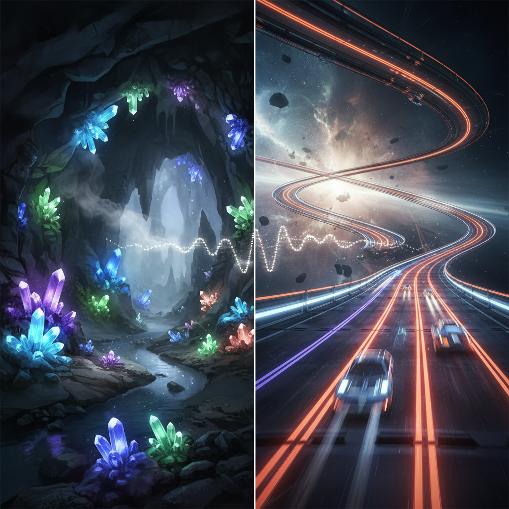 Collage of artistic video game environments, one side showing a dark moody cave with glowing crystals, the other showing a high speed racing track, representing diverse game genres using audio middleware