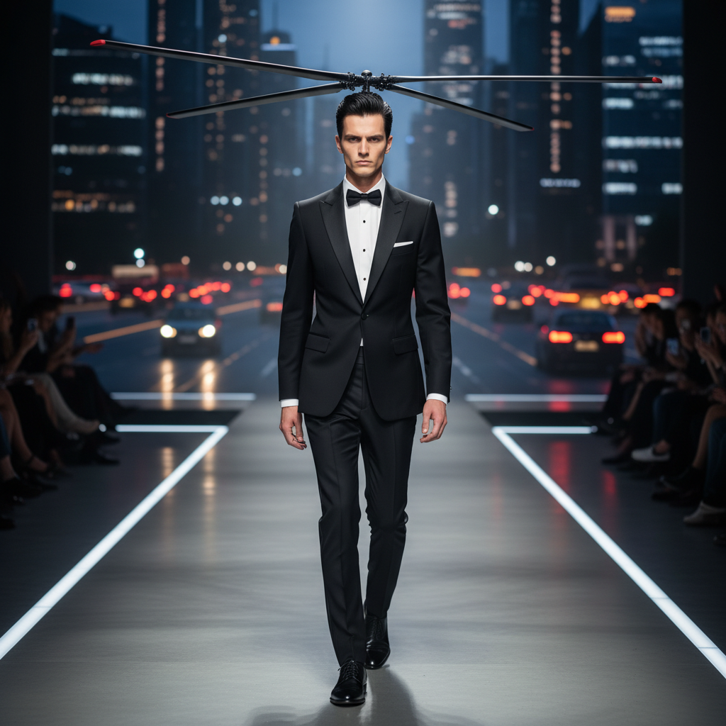 Man with black hair styled into stiff horizontal helicopter rotor blades, wearing a tuxedo, runway photography, strange hairstyle