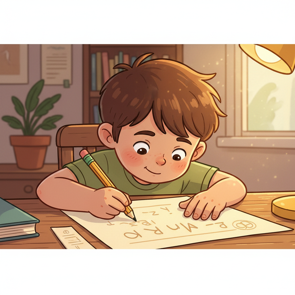 An illustration of a child writing on a piece of paper with a pencil, warm lighting, close up view, cartoon style