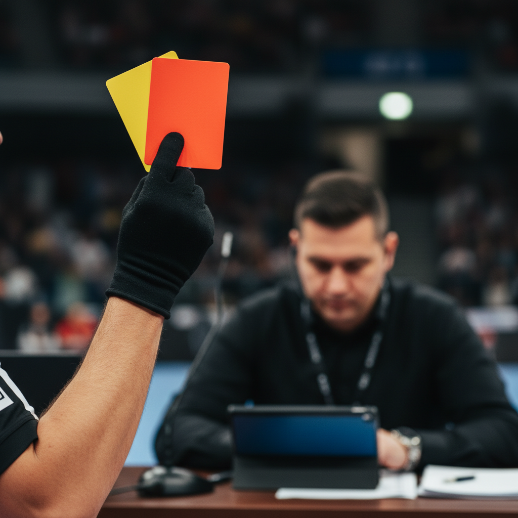 Detailed shot of a referee's hand holding red and yellow cards, table official in background with tablet, focus on authority