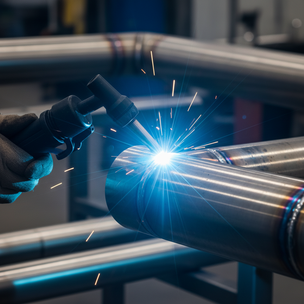 gros plan torche soudure TIG sur tuyauterie inox, arc électrique visible