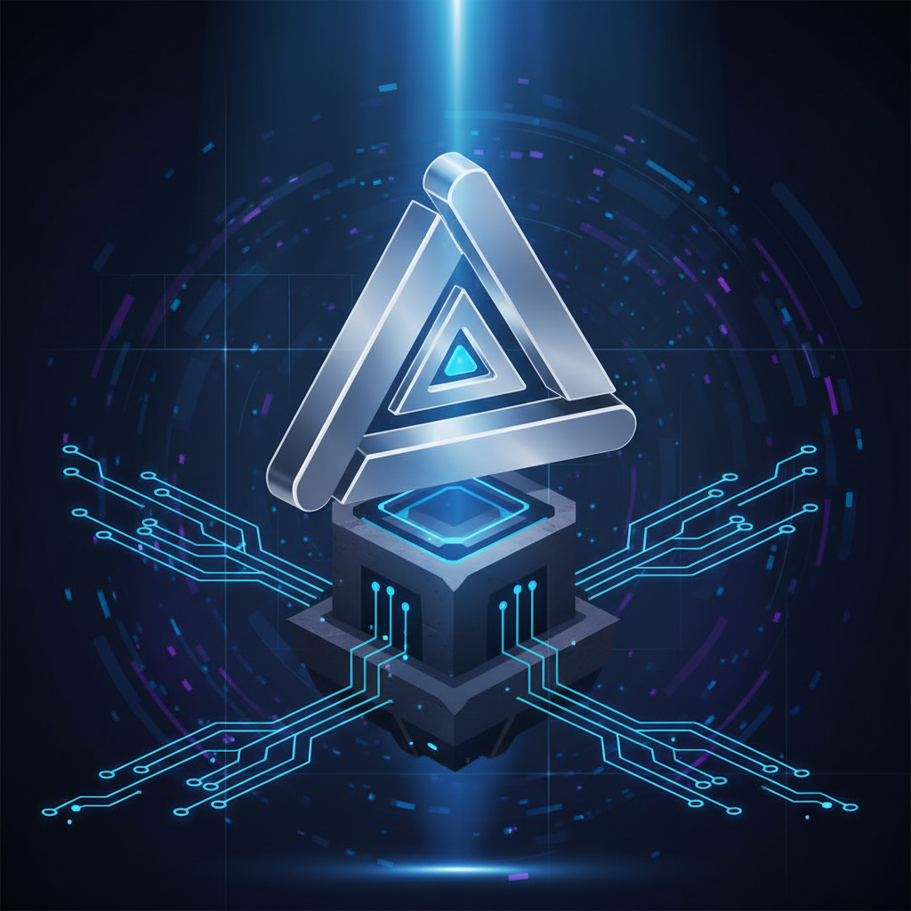 Isometric 3D illustration of a balanced equilateral triangle object made of metal, resting on a pedestal, dramatic lighting, engineering concept style.