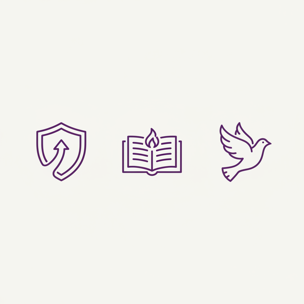 Three simple icons in a row: a shield (safety), a book (education), and a dove (freedom), minimalist style, dark purple lines.