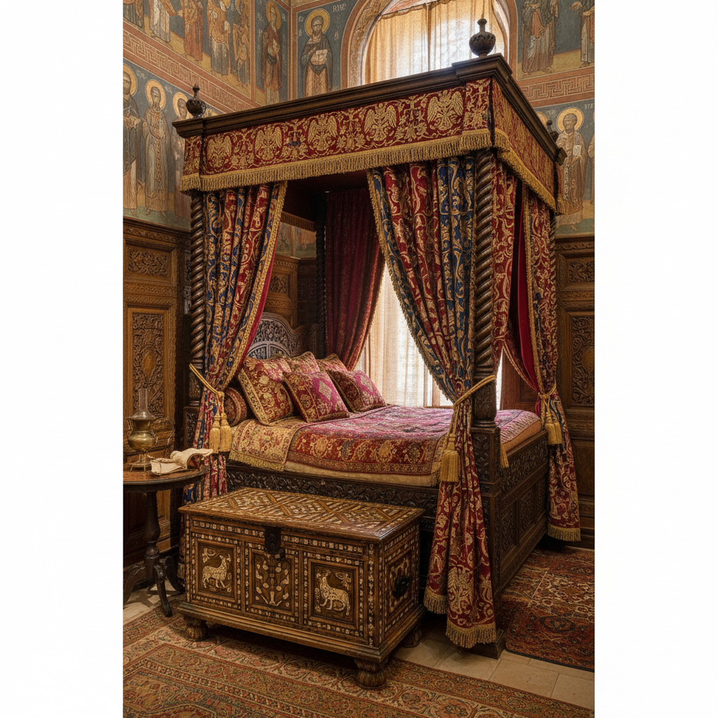 Byzantine bedroom reconstruction, high wooden bed with canopy and rich curtains, carved wooden chest at the foot, historical interior visualization