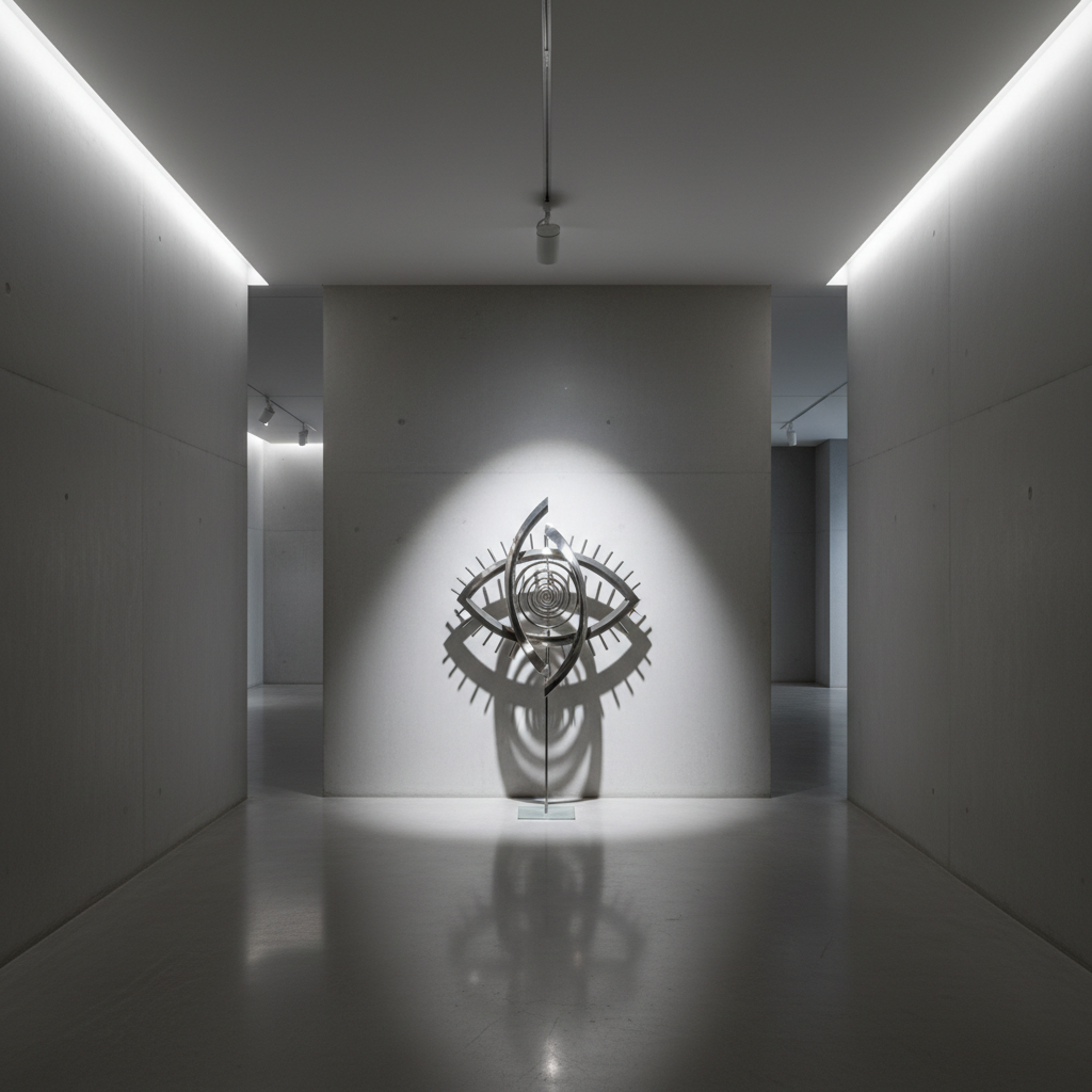 A clean, modern art gallery hallway with a single spotlight illuminating an abstract centerpiece, symbolizing focus and perception, photorealistic