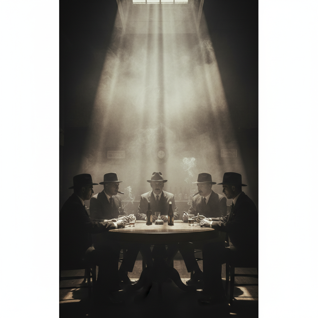 Five men in suits sitting around a round table in a dark smoky room, silhouette style, god rays lighting, vintage 1930s
