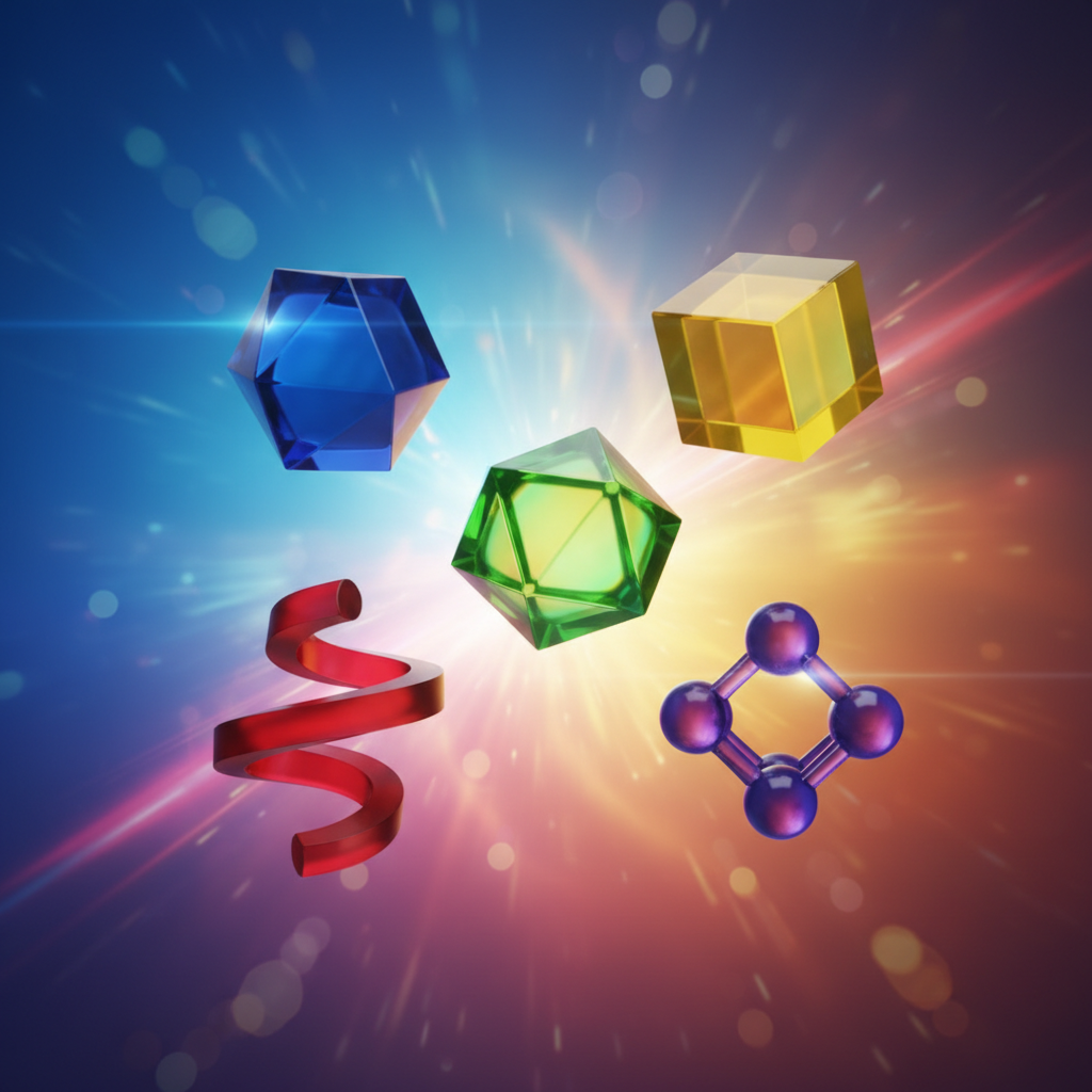 Five colorful abstract distinct geometric shapes floating together in harmony, representing software modules, glass texture, vibrant background, 3d render, no text