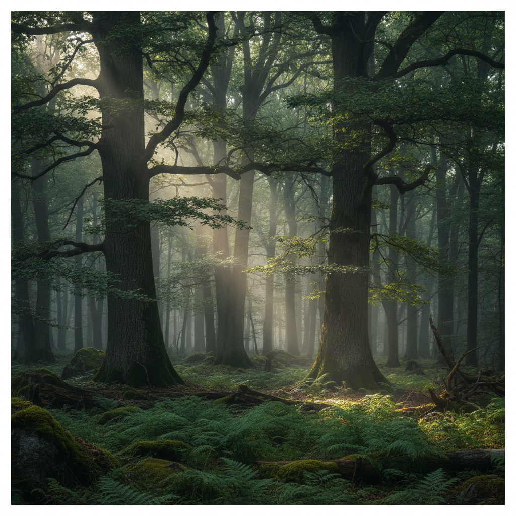 Beautiful nature landscape of Belovezhskaya Pushcha, ancient forest with tall trees and ferns, mystical dense forest, cinematic lighting, realistic style, dark mood, no animals