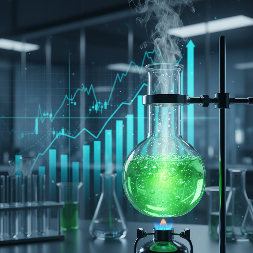 Chemical laboratory flask with bubbling liquid, financial chart in background, scientific and professional