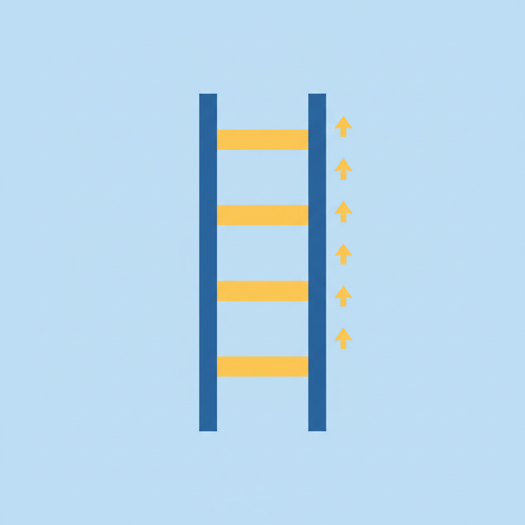 simple educational illustration showing a ladder or steps going up straight, visualizing linear growth, vector art style, blue and yellow