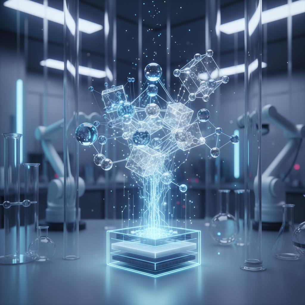 High-tech visualization of lithium and nickel atoms or battery technology minerals, glowing blue and silver, laboratory setting background.