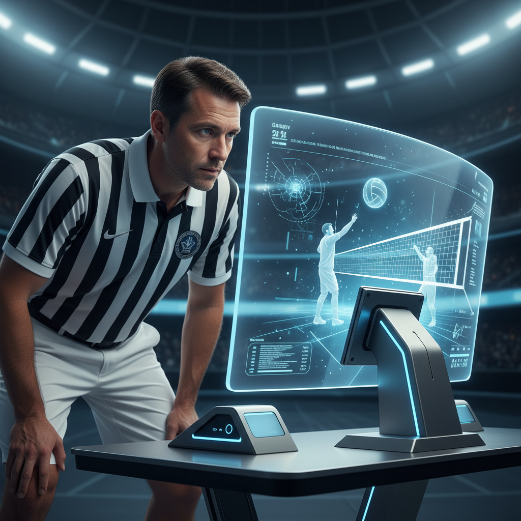 volleyball referee reviewing play on a modern monitor screen high tech sports equipment focus on screen
