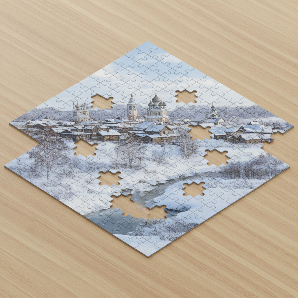 Jigsaw puzzle with some missing pieces but the image is still recognizable, russian landscape theme, isometric 3d style