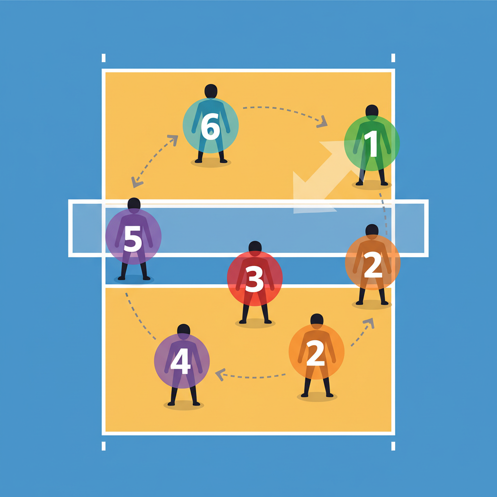 Volleyball team service formation, players standing on court, schematic overlay style indicating positions 1 to 6