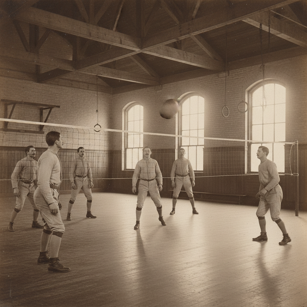 Sepia toned vintage image of 1895 gymnasium, men playing volleyball with a low net, leather ball, old fashion sportswear, historical style