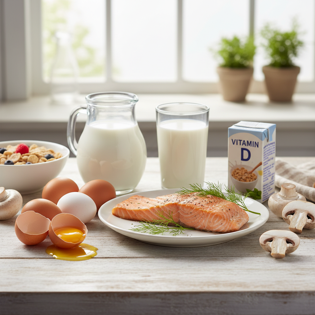 Arrangement of healthy food rich in Vitamin D like salmon, eggs, and milk on a wooden table, bright photography