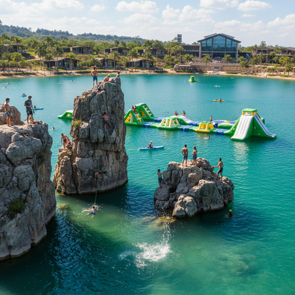 rock climbing on natural rock formations rising out of a lake, inflatable water park elements nearby, people swimming and playing, adventure resort, sunny day, splashes, vibrant water color, photorealistic, 8k