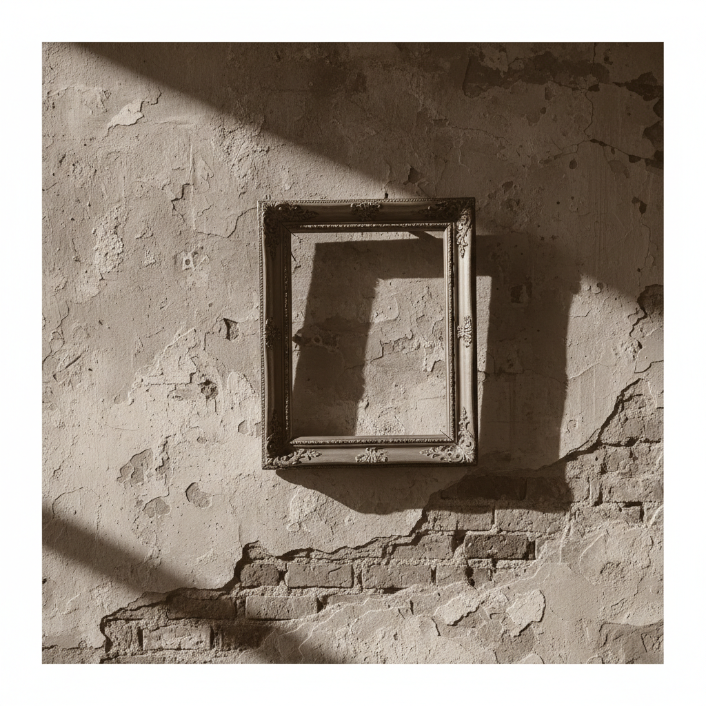 An empty vintage picture frame on a textured grunge wall, sepia tone, dramatic shadow, noir style