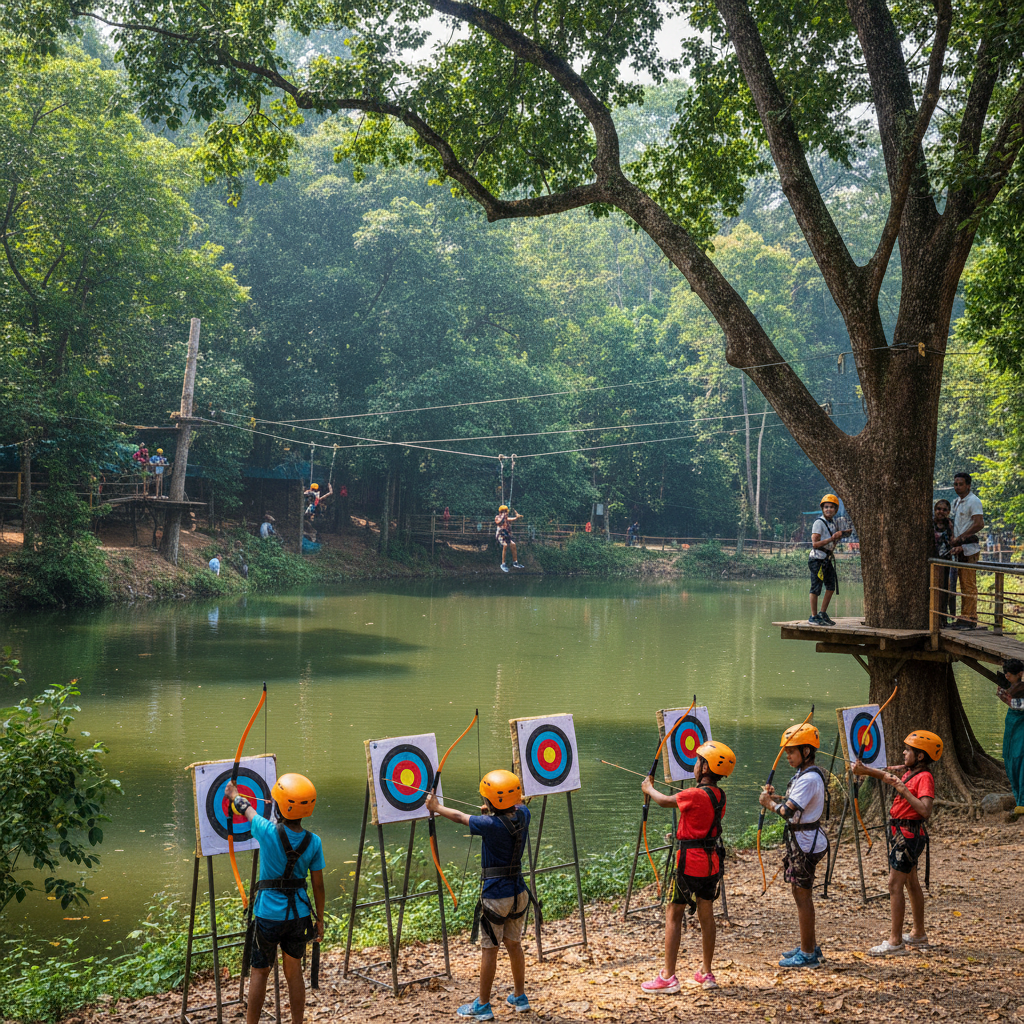 Scenic adventure park lake in Dandeli jungle: in the foreground kids practicing archery with targets near the water's edge, and in the background a mini zipline crossing over the lake. Realistic, safety gear, fun atmosphere, 8k resolution.