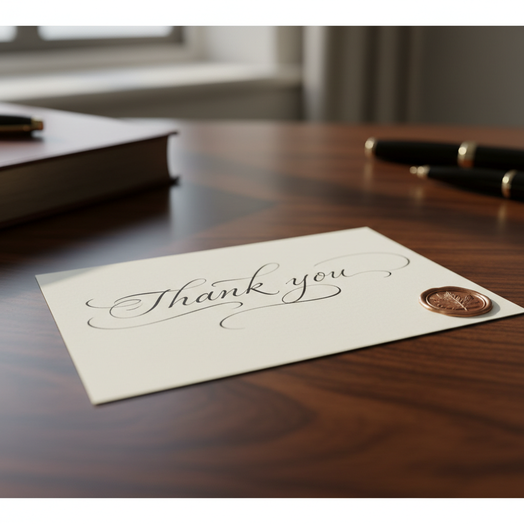 Close up photo of a professional handwritten thank you note on sturdy cream cardstock resting on a wooden executive desk, soft depth of field, natural lighting