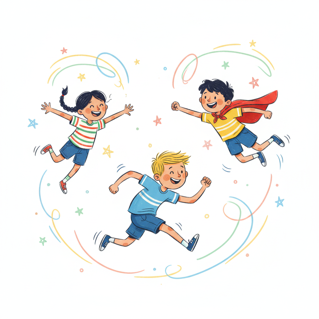 Cartoon kids jumping and pretending to be airplanes and runners, energetic movement, white background