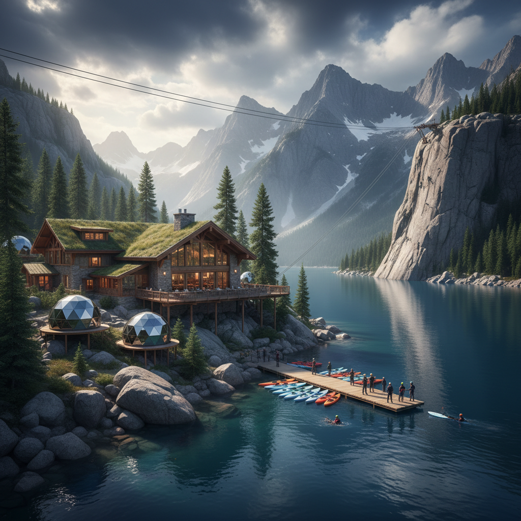 Wide panoramic view of an adventure hotel resort on a lake shore. The scene features luxury pods and a main lodge integrated into rugged nature. Visible adventure activities like a kayak dock, a nearby cliff with climbers, or a zip line. Dramatic, moody atmosphere with vast landscape, mountains, and lake. High energy, adventure-focused, photorealistic 8k.