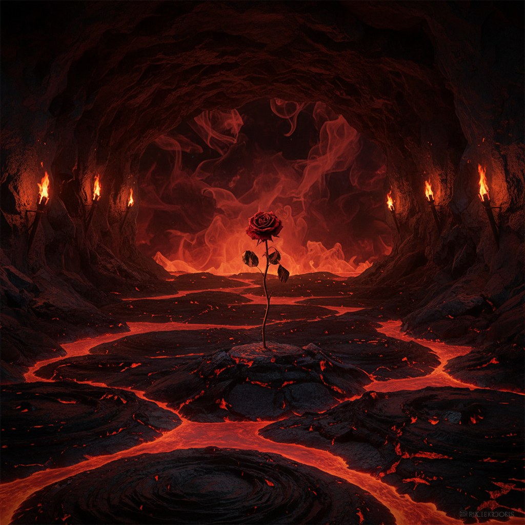 A dark, atmospheric underground cavern with polls of lava and obsidian, illuminated by red torches. A withered rose in the center. Abstract background.