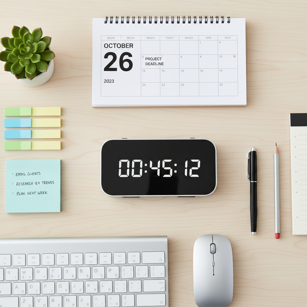 An organized desk with a calendar, a timer, and sticky notes, showing productivity tools, flat lay photography style