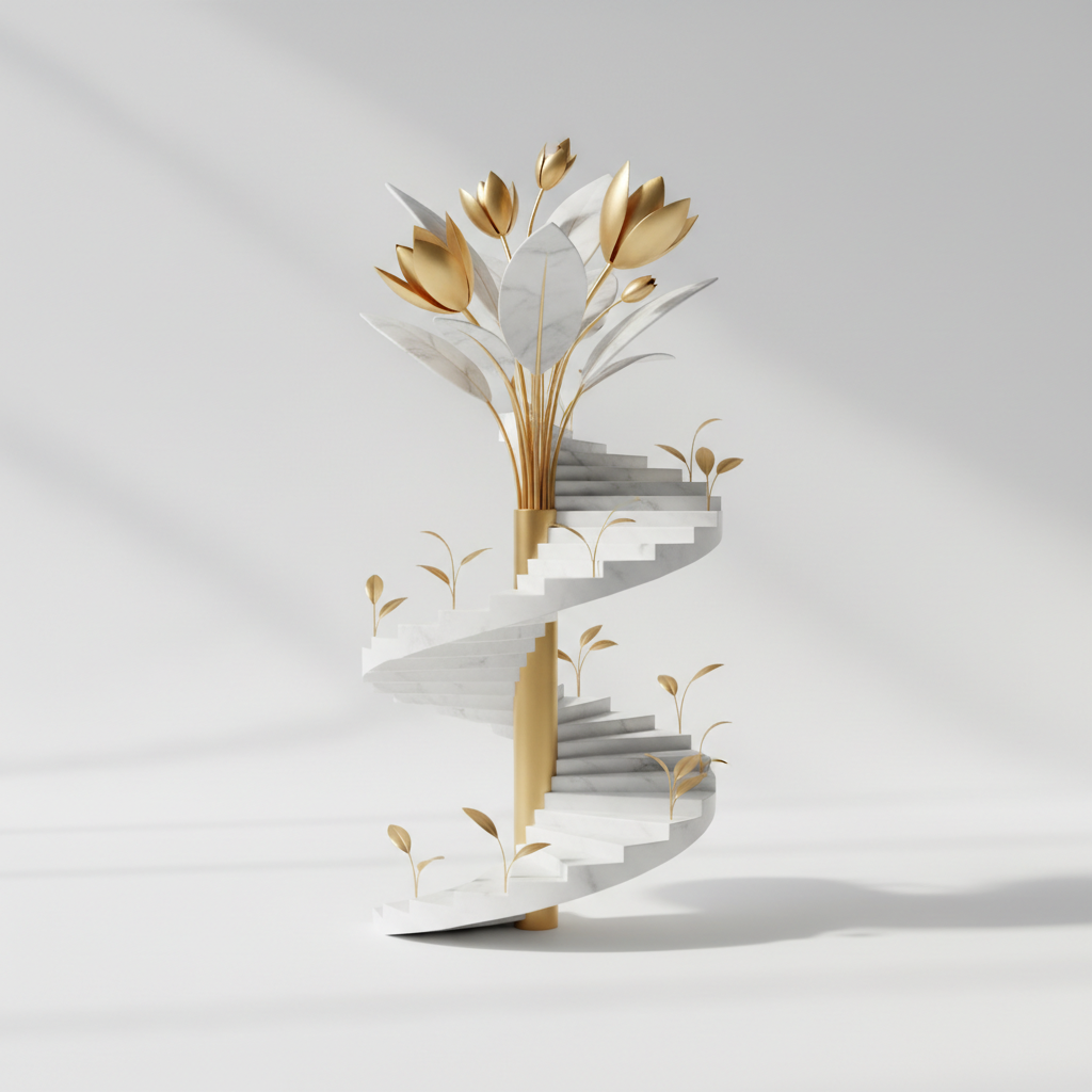 a growing plant or a staircase rising upwards, symbolizing growth, development and maturity steps, minimal clean style