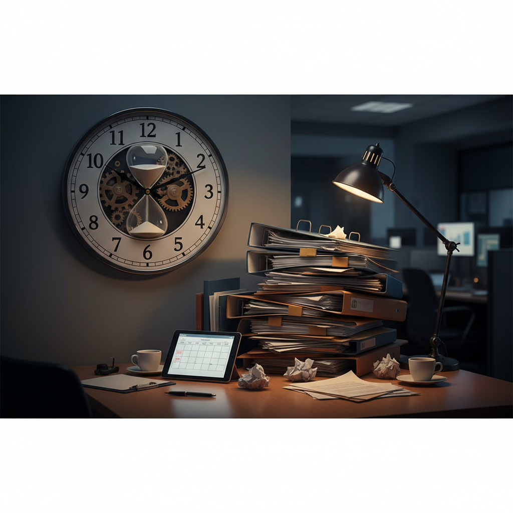 A clock showing time running out and a stack of papers, symbolizing poor planning and deadlines, office aesthetic