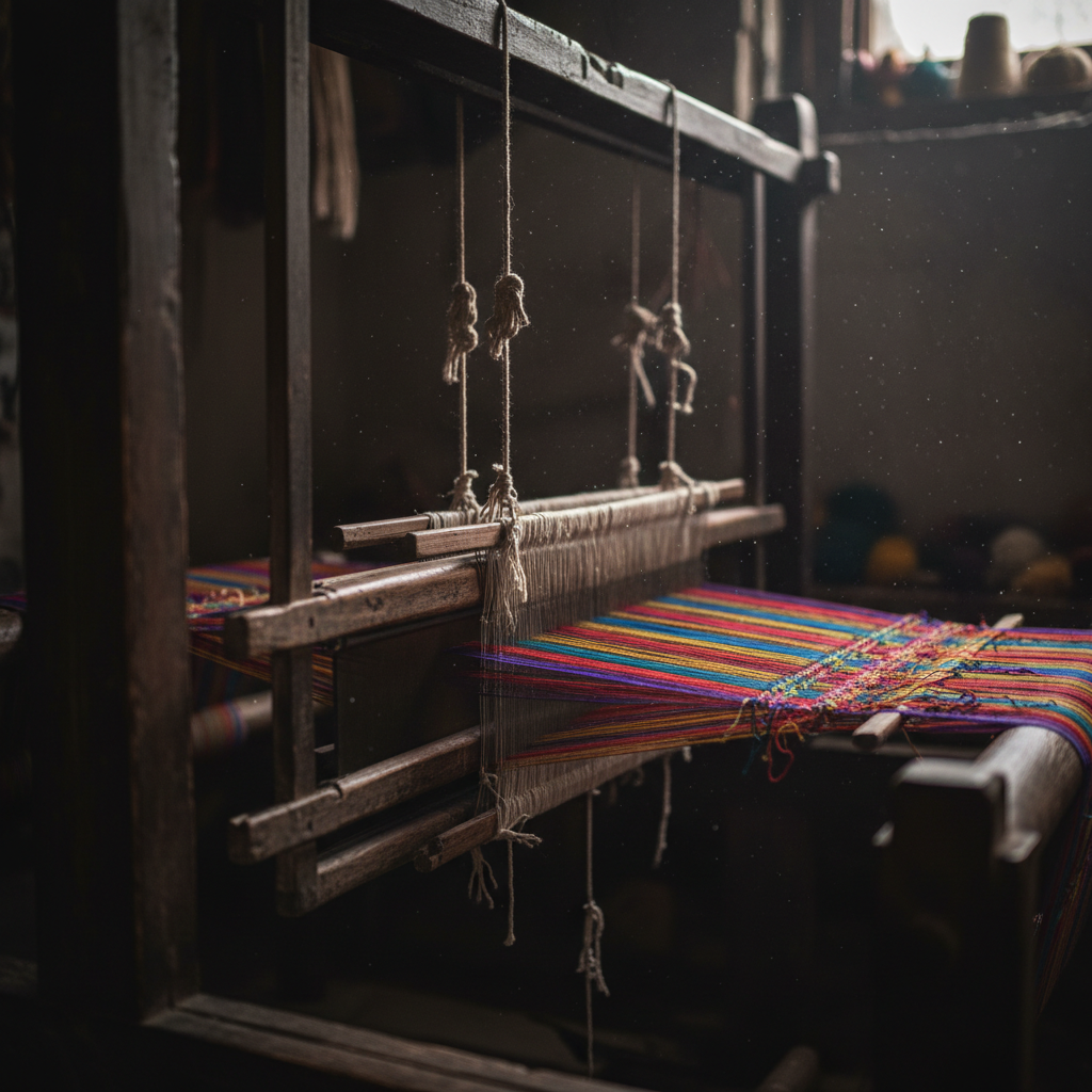 Dark, moody close up of a traditional wooden loom in Kashmir with colorful pashmina threads being woven, soft ambient lighting highlighting the dust motes and texture.