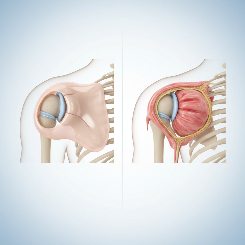 Side-by-side medical comparison render. Left: Normal healthy shoulder joint capsule. Right: Frozen shoulder capsule, shrunken and inflamed. Labels 'Normal' and 'Frozen Shoulder'.