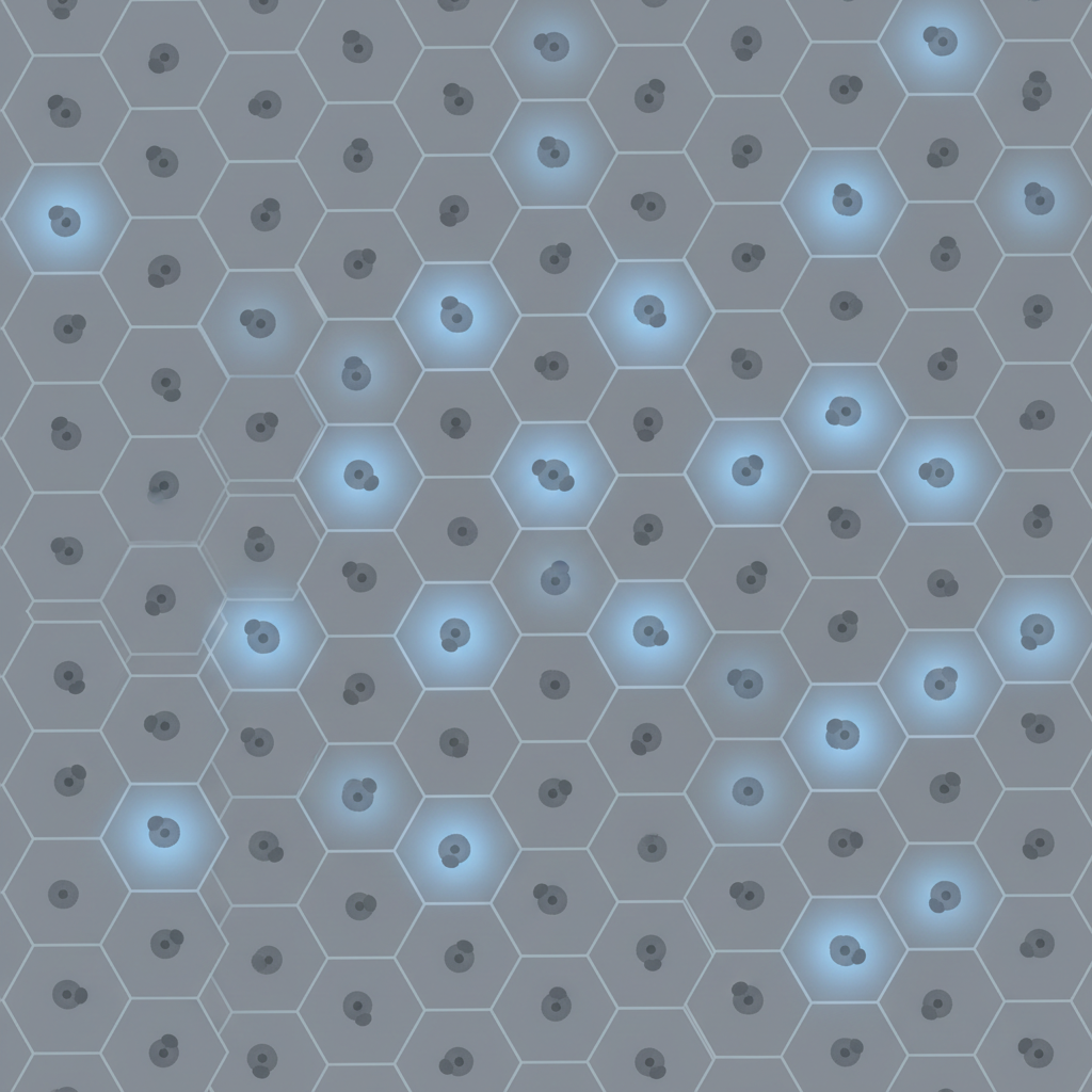 A grid of hexagonal biological cells. Most are grey, but some distributed evenly are glowing blue, forming a perfect non-touching pattern. Scientific illustration style.