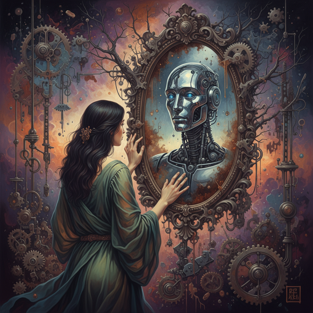 A person looking into a mirror, but the reflection shows a shiny metal robot instead of a human face, metaphorical, surreal art style