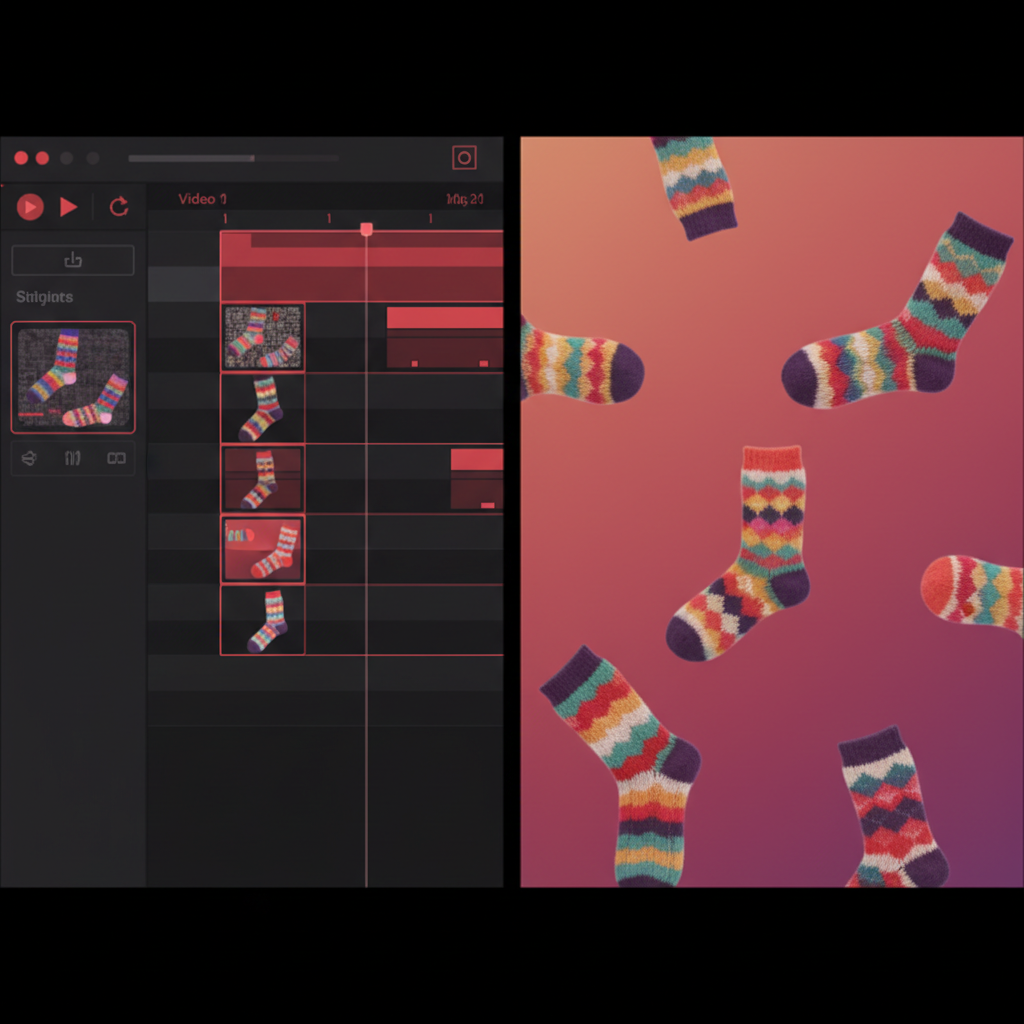 Split screen concept art showing a vertical video editor timeline on one side and a finished colorful sock video on the other, youtube red accents