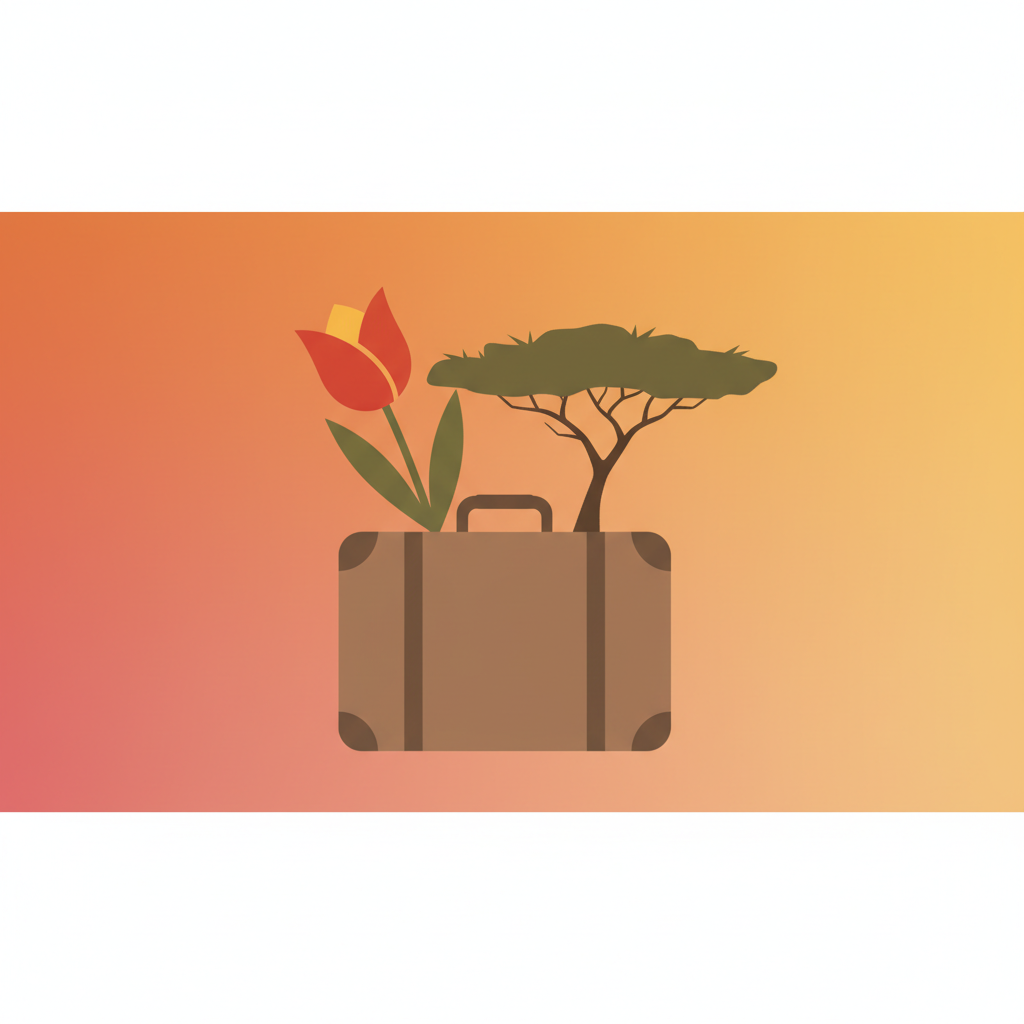 Artistic illustration of a suitcase with a Dutch tulip and an African acacia tree, warm sunset gradient background, minimalistic vector style