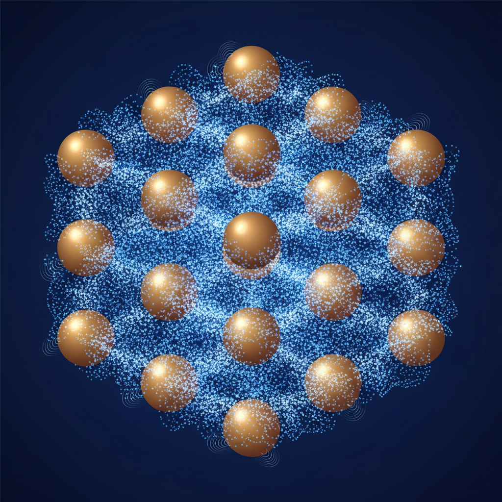 Diagram of metallic bonding, positive spheres floating in a cloud of small electron dots, sea of electrons model