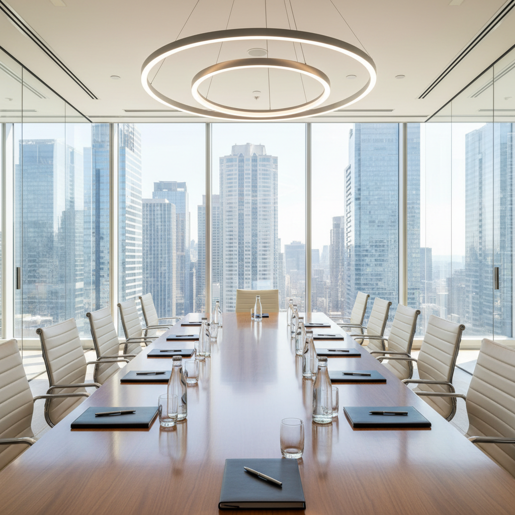 Modern bright boardroom meeting table with empty chairs, glass walls, professional office environment, symbolizing leadership, no people, photorealistic
